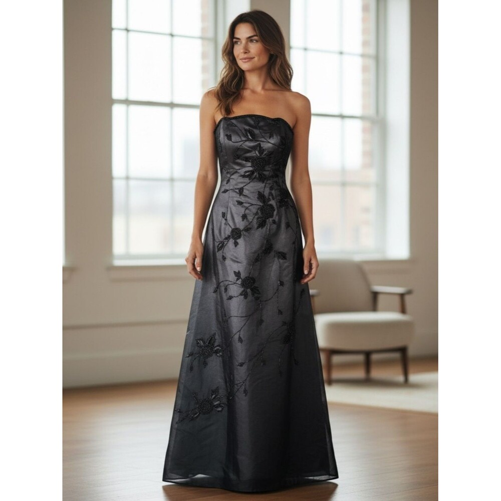 90s Jovani Strapless Black Floral Embroidered Gown